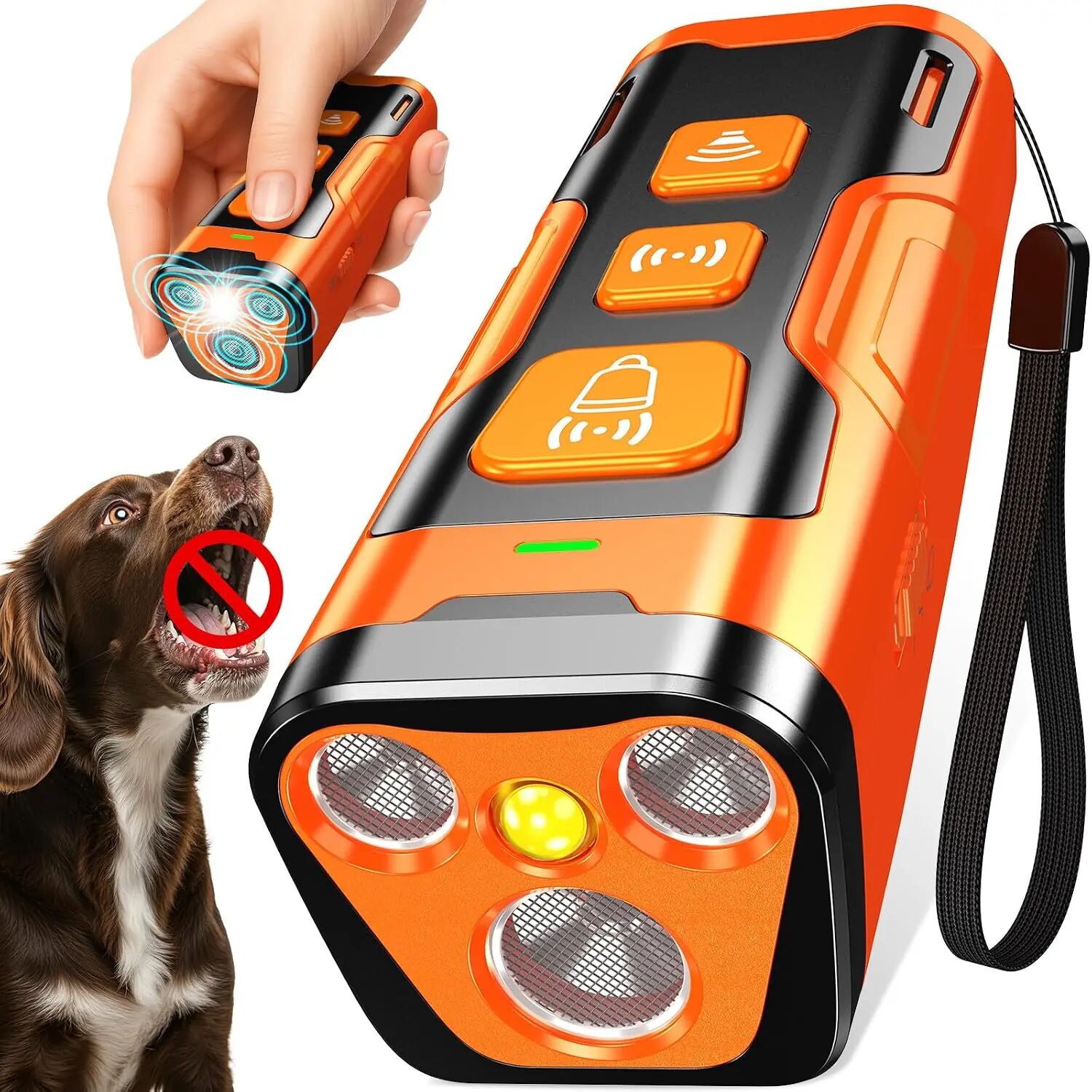 YUYQA rechargeable ultrasonic dog bark deterrent in orange and black