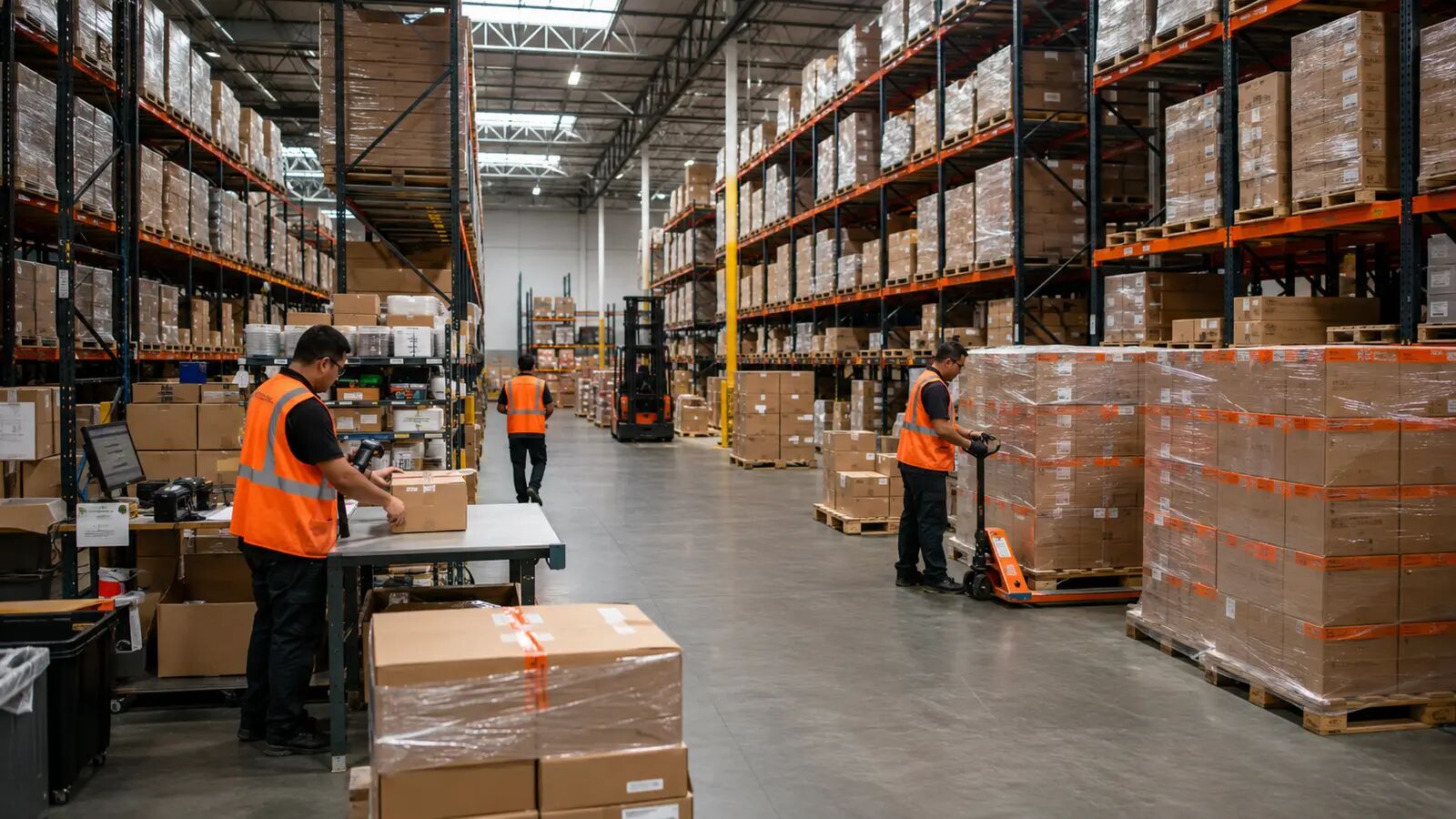 Representative modern warehouse fulfillment workflow with inventory scanning, packing, labeling, and palletized cartons